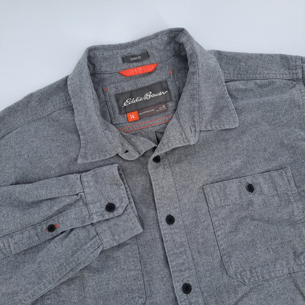Eddie Bauer Mountain Ops Shirt Mens XL Cotton Blend Gray Solid Classic Fit Patch